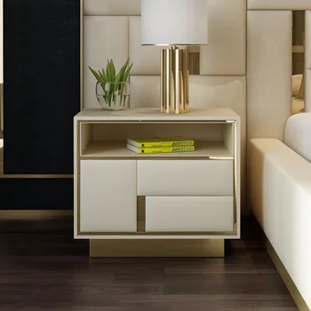 Mobília de quarto em italiano luz de luxo de cabeceira, armário rack de arroz branco de couro borda do gabinete de pós-moderno armário de cabeceira