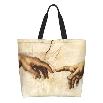 Kawaii Impressão De Que A Criação De Adão De Michelangelo Compras Sacolas De Lona Durável Ombro Bolsa Shopper