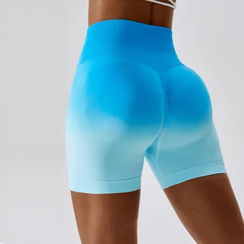 Sem costura, Shorts para as Mulheres Academia Sport Fitness Shorts Mulheres 2023 Push-Up a Curto Ginásio Mujer Esporte Femme Levanta Bumbum Gradiente Azul Vermelho