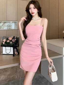 2023-de-Rosa Plissada Funda Sexy Vestido Curto de Verão Sólido Elegante Bodycon Vestido Casual 2023 coreano de Moda de Vestidos de Festa e Eventos