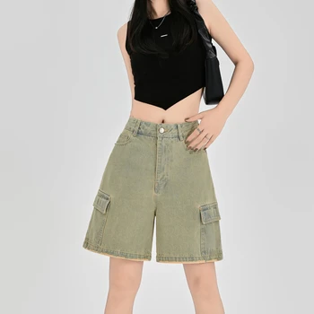 As mulheres do Vintage Estilo Americano Grande Bolso do Shorts Jeans Verão Novo Estilo Unissex Casual até o Joelho, Calças de Metade Feminina Jeans
