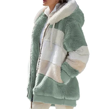 O inverno das Mulheres Casaco de Moda Casual Costura Xadrez Senhoras Roupas com Capuz Zíper Senhoras Casaco de Pelúcia Mulheres Jaqueta de Venda Quente Nova 2023