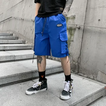 Mens Streetwear Quinto Calças Shorts De Carga De Moda Patchwork Com Elástico Na Cintura Design De Cruz Azul Roxo Amarelo Cor Preta