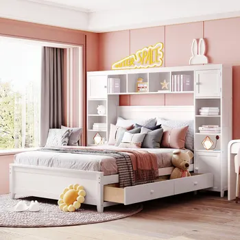 Cama de casal,Cama de Madeira,a Juventude cama,um Moderno design Simples Com cama de Tudo-em-Um Armário e Prateleira,Flexível, espaço de armazenamento,para o quarto