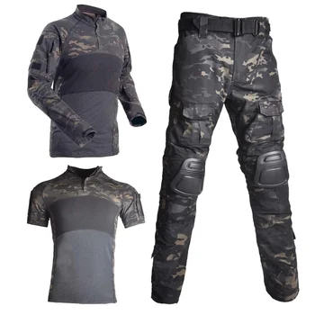 Calça Militar Tático Camisas de Camo +Almofadas Calça de Airsoft Roupas Tática de Caminhada T-shirts de Combate Uniforme do Exército Caça para os Homens