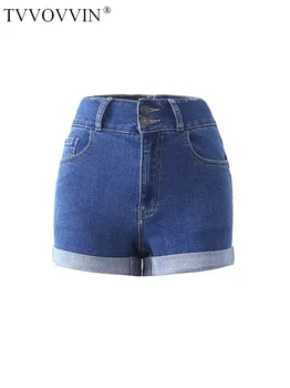 TVVOVVIN 2023 Verão Americano, Duas Botão de Cintura Alta Versátil Shorts Jeans feminina Slim Fit Picante Meninas de Moda Sexy Shorts JOFR