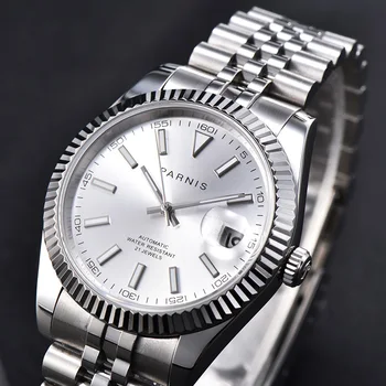 Nova Moda Parnis 39.5 mm Mostrador Prata Mecânica Homens Relógios Calendário Automática Sapphire Crystal Homens Relógio de Luxo reloj hombre