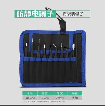9PCS/CONJUNTO com o saco de Precisão de aço inoxidável, Pontas dobradas dica Eletrônico de solda anti-estática pinças eletricista ferramenta de trabalho