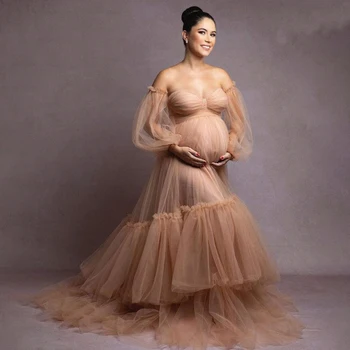 Elegante Preto de Tule Vestidos de Maternidade para a sessão de Fotos de Ilusão de Babados em Camadas de Noivas Grávidas Vestidos de Fotografia Babyshower Desgaste
