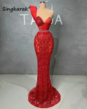 Novo Design Vermelho Sereia Vestido De Noite 2023 Brilhantes Beading Cristais, Lantejoulas Luxo De Festa De Casamento Vestido De Baile, Vestidos De Vestiduras
