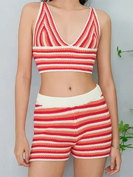 Mulheres Y2K Faixa de Malha de 2 peças Conjunto de Shorts sem Mangas, Decote em V Camis Crop Tops + Cintura Alta Calças Curtas de Praia no Verão Streetwear