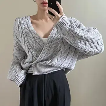 2023 coreano Chic Casual, Um Botão de Massa Torção V-pescoço Vintage Cardigan Suéter Top Sexy Casaquinho de Lã Para as Meninas Y2k Roupas