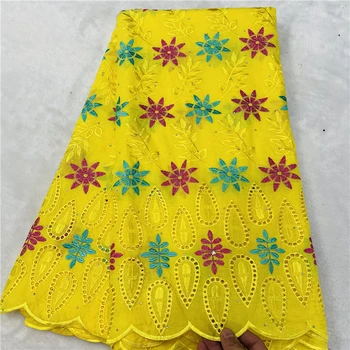 Amarelo cor de tecido de algodão 100% design com pedras mulheres de vestido de renda de 5 jardas de tecido Nigéria