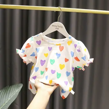 Meninas bebê em Forma de Coração de Impressão Tops 2023 New Kids Meninas do arco-íris Coração Impresso T-shirts Brancas Roupas de Verão Estilo coreano