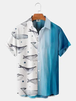 Oceano Animais Impresso Verão, Camisas masculinas Casuais de grandes dimensões de Manga Curta Moda Single-Breasted Blusas Tendência Lapela da camisa de homem,
