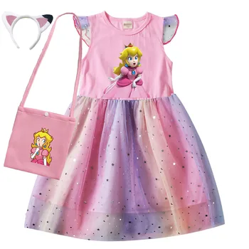 2023 Peach Princess Dress Crianças De Halloween Traje Cosplay De Meninas Bebê Bling Malha Elegante Vestido De Verão Meninas De Manga Curta Roupas