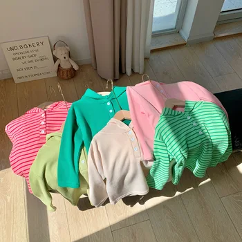 O coreano roupas das crianças as crianças usam T-shirt manga longa primavera e outono meninas novas listrado casual da base de dados de camisa bebê topo
