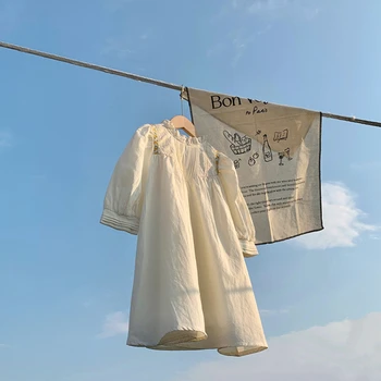 Sólida roupas francês plissado gola bordado do vestido da menina doce coreano roupas para crianças de 2023 outono modelo de saia de renda