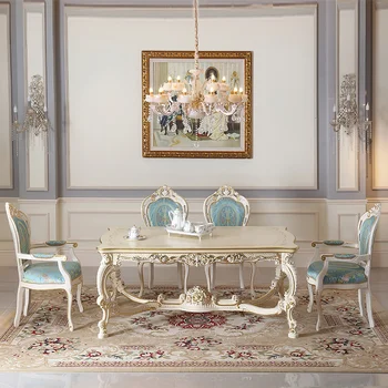 Francês móveis de sala de estar, mesa de jantar e cadeira Europeia pintada à mão em folha de ouro mesa de jantar e cadeira de combinação