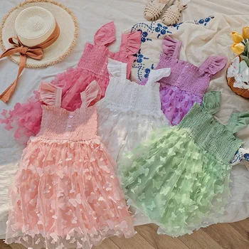 Criança Bebê Vestido de Meninas 3D Borboleta de Cor Sólida Plissado sem Mangas Funda Tule Vestido de Verão Doce Casual, Vestido de Princesa