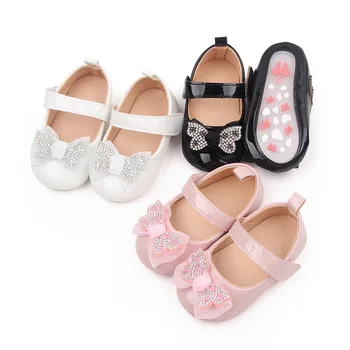 Recém-nascido Menina Princesa PU Criança Sapatos Arco Decoração Sola de Borracha Anti-Derrapante Primeiro Walker Sapatos
