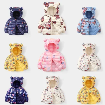 Novo Fina Para Baixo Do Casaco De Outono Inverno Meninos Meninas Rapazes Raparigas Urso Imprimir Capuz Warm Coats Roupas De Crianças Vestuário 1-5 Anos