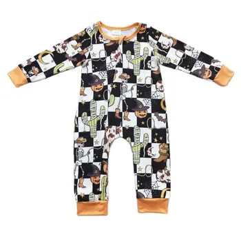 LR0404 Crânio cacto de abóbora de seleção preto e branco zíper de manga longa de bebê, roupas de Dia de Todos os Santos roupas de crianças roupas de crianças