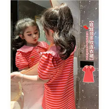 Meninas, Vestido de Verão para Crianças de 2023 Nova Camisa de Polo de Princesa Vestido Listrado Camisola Vestido de Bebê
