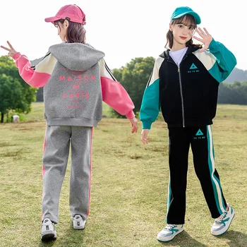 2023 Outono Inverno Meninas Roupa Conjuntos de Uniforme Escolar de Esportes é adequado para Crianças Adolescente Fatos Zíper do Casaco+calças de Vestir Conjuntos