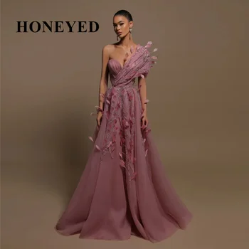 Honeyed2023 Couture Malva Prom Vestido Formal PartyDresses com Penas de Um Ombro Beading Elegante Vestido de Mulher para Vestidos de Casamento