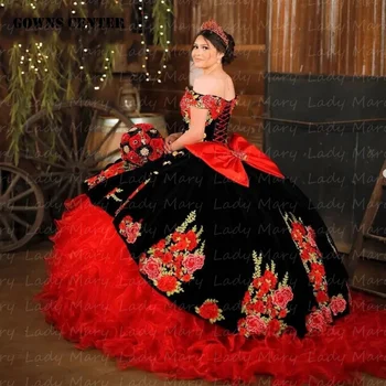Mexicana Tradicional Vermelho Vestidos De Quinceanera Floral Fora Do Ombro Princesa Vestido De Baile Grande Arco Menina Da Festa De Aniversário De Vestidos De 15 A