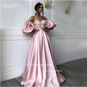 OLOEY cor-de-Rosa de Uma Linha de Mulheres árabes Vestidos de Baile Querida 3D Flores de Cetim de Casamento até o Chão Vestido de Festa Longo Vestido de Noite