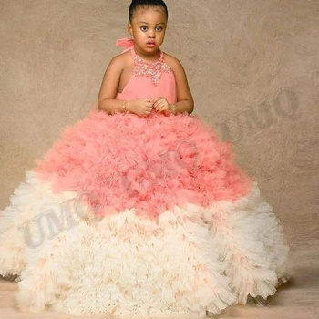 Luxo Babados Esferas Da Criança Halter Vestidos Da Menina De Flor De Aniversário Trajes De Fotografia De Casamento Vestido Personalizado Primeira Comunhão