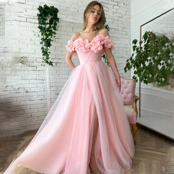 Fora do Ombro Sexy-de-Rosa de Uma Linha-Namorada Floral Flores em 3D Com Tule Vestidos de Baile Vestido/Vestido de Festa