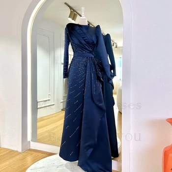 Gola alta Azul Marinho Vestidos de Noite para as Mulheres de Cetim de Manga comprida Beading Vestidos de Baile 2023 Verão de Luxo Vestido De Noche