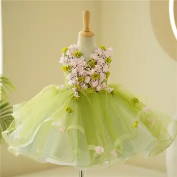 Verde Vestido da Menina de Flor Com 3D Apliques Florais sem Mangas de Tule Princesa Concurso de Vestidos de Crianças Formal Prom Vestido de Festa Personalizar