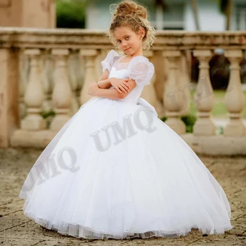 Branco Tule Brilho Aline Criança De Vestidos Da Menina De Flor Cap Aniversário Trajes De Fotografia De Casamento Vestido Personalizado Primeira Comunhão