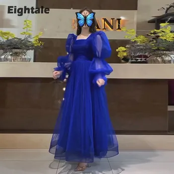 Eightale Azul Royal Vestidos de Noite Longos Puffy Mangas de Chá de Comprimento de Uma Linha de Tulle Prom Vestido para Festa de Casamento vestes de soirée