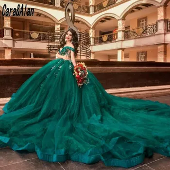 Modesto Puffy Vestidos De Quinceanera Tule Fora Do Ombro Verde, Vestidos De 15 Anos Lace-Up Mexicano Meninas Vestidos De Aniversário