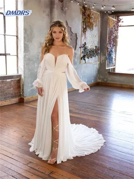 Simples sem Alças de Ombro Fora do Vestido de Casamento A-linha Clássica do Assoalho-comprimento Vestido de Noiva Elegante Vestidos De Noiva