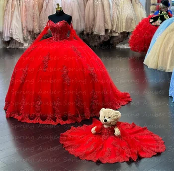 Charmoso Laço Vermelho Vestidos de Quinceanera Princesa Brilho Fora Do Ombro Exposto Desossa Vestidos de Festa de Aniversário do Doce 16 vestidos de