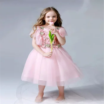 Vestido da Menina de flor cor-de-Rosa de Tule em Camadas Applique Simples de manga comprida, Casamento Infantil Santa Comunhão, Festa de Aniversário da Princesa Vestido de baile