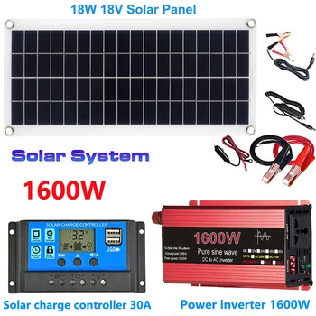 12V para 110V/220V Sistema de Energia Solar 1600W 1000W Pura da Onda de Seno Inversor de 18W Painel Solar 30A Carga de Controle de Geração de Energia, Kit de
