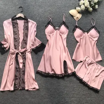 Cor-de-rosa Lace Pijama Conjunto de Mulheres de Cetim 4PCS Pijamas de Seda do Sono Conjunto Feminino com decote em V Vestido de Quimono Casuais, Pijamas, de Terno Com a Almofada do Peito