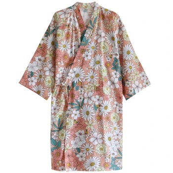 Japonês de Gaze de Algodão Impresso Camisola das Mulheres Fina Quimono Casaquinho de Lace-up Pijama de Verão, Roupão de banho, Casa de Desgaste