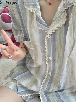 Pijama Listrado Conjuntos Mulheres Sweet Lace Ins Verão Novas Alunas Roupa Chique Coreano Estilo Casual Manga Curta Aconchegante Duas Peças