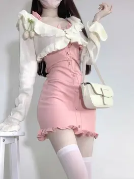 Cor-De-Rosa Japonesas Kawaii Duas Peças De Conjunto De Mulheres De Malha Francês Elegante Vestido De Alça De Terno Feminino Pregueado Fino Estilo Coreano Conjunto De Outono 2023