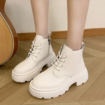 2023 Botas para Mulheres Moda Botas de Plataforma Sólida de Cor Anti-derrapante Moderno Impermeável Secretária Aba Lace-up Mulher Ankle Boots
