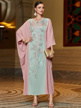 Eid Bordado de Lantejoulas Vestido de Festa para as Mulheres Ramadã Jalabiya Vestido de Muçulmano Abaya Maxi Túnica Marroquina Caftan Festa Vestidos de 2023