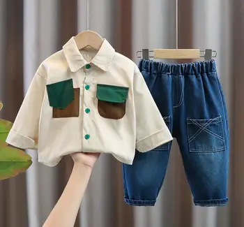 Criança do Bebê com Roupas De 2023 Outono Designer de Bebê, Roupas de 12 a 24 Meses Cor do Bolso-bloco Manga Longa Camisa+Jeans 2Pcs Conjunto